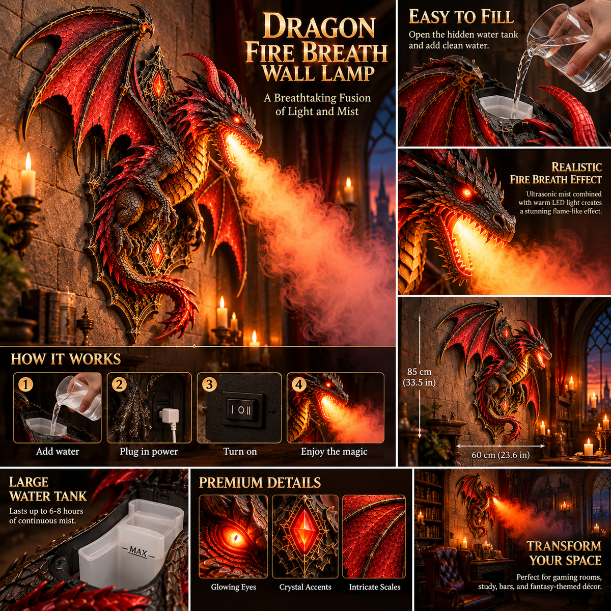 🔥🐉 Dragon Fire Breath Wall Lamp – LED Mist Effect ✨