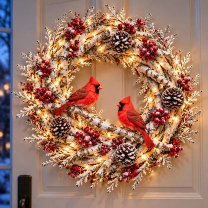 🔥 LAST DAY 49% OFF | Snowy Birch Cardinal Wreath – Lighted Christmas Door Decor ❤️