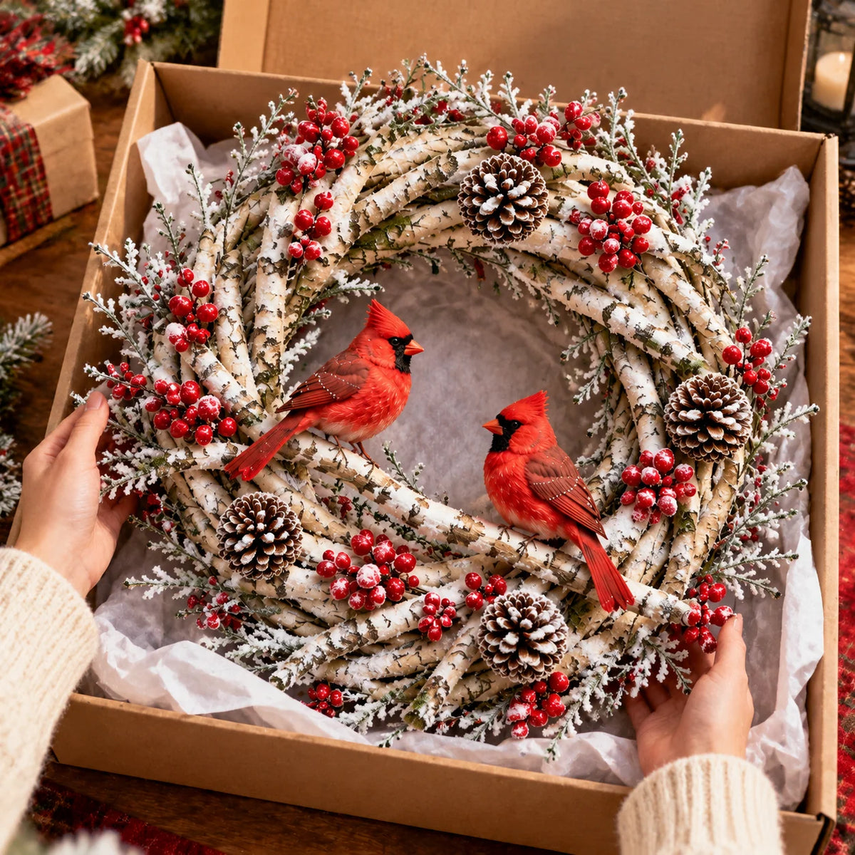🔥 LAST DAY 49% OFF | Snowy Birch Cardinal Wreath – Lighted Christmas Door Decor ❤️