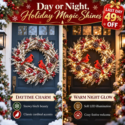 🔥 LAST DAY 49% OFF | Snowy Birch Cardinal Wreath – Lighted Christmas Door Decor ❤️