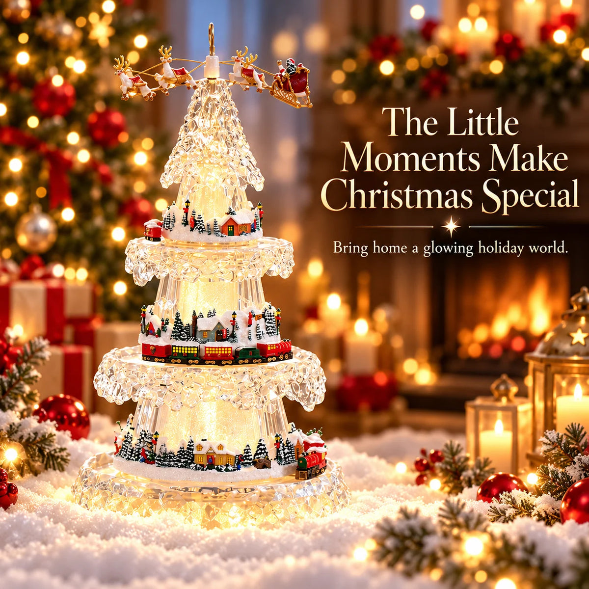 🎄 Musical Christmas Tree with Animated Train – Light-Up Acrylic Holiday Village Tabletop Decoration