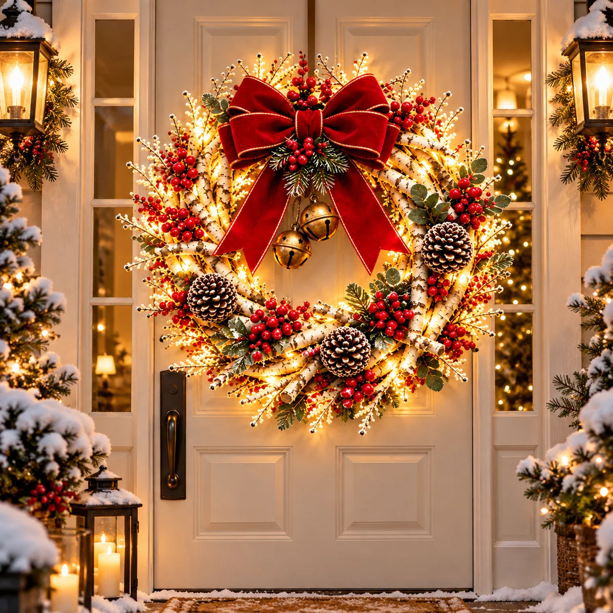 🔥 LAST DAY 49% OFF | Snowy Birch Cardinal Wreath – Lighted Christmas Door Decor ❤️