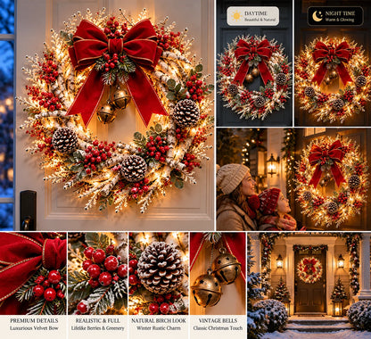 🔥 LAST DAY 49% OFF | Snowy Birch Cardinal Wreath – Lighted Christmas Door Decor ❤️